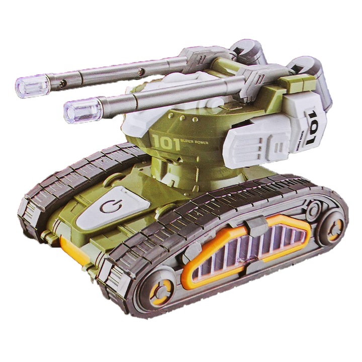 Jucarie Tanc 101 cu baterii, sunete, lumini, misca turela in mers, design neconventional, futurist, verde, 18cm, VisionXXI