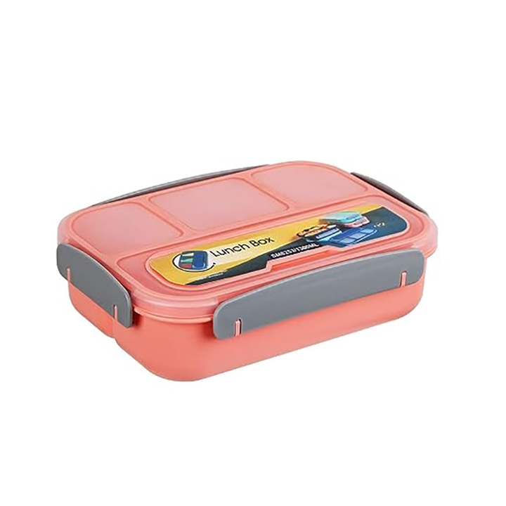 Ebéddoboz, BOMSTOM, BPA mentes, polipropilén, szivárgásmentes, evőeszköz, 4 rekeszes, rózsaszín