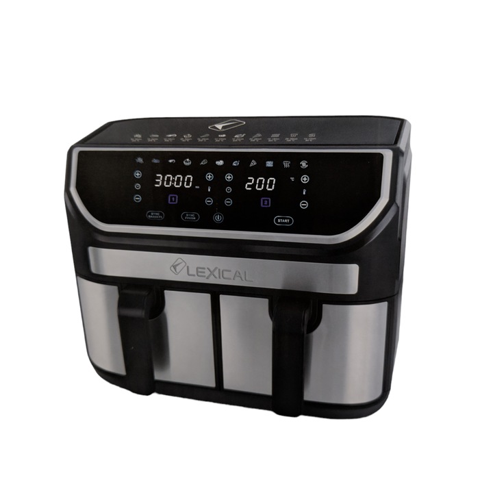 Двоен фритюрник с горещ въздух AirFryer Lexical, 1700 W, Дигитален, Две кошници 9 литра, Тouch Screen, LED дисплей, Черен/Инокс