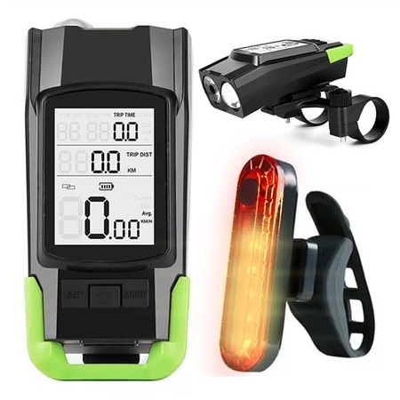 Ciclocomputer Wireless pentru bicicleta cu Lumini LED fata-spate si Claxon - Negru