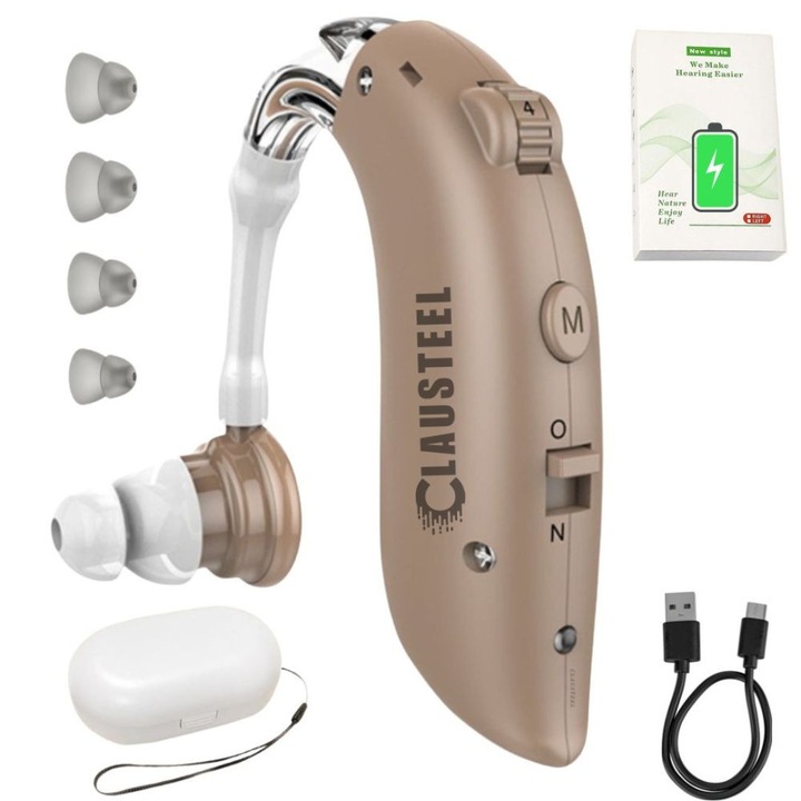Aparat Auditiv, CLAUSTEEL® Reincarcabil, Aparat Auditiv Hipoacuzie, 3 Moduri Functionare, 4 Trepte Volum, Reducere Zgomot Fundal, Acumulator Incorporat, Carcasa Protectie, 4 Adaptoare Ureche, Aparat Auditiv Profesional BTE, Autonomie 55h, USB-C, Nude