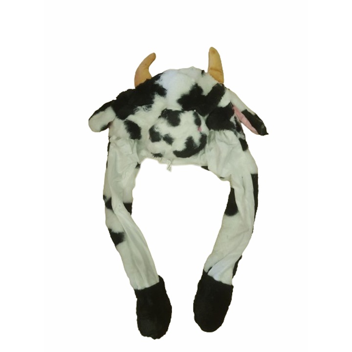 Ahelos kalap, tehén, kivehető fülek, plüss, fehér/fekete