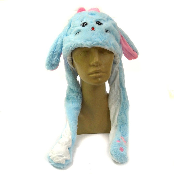 Ahelos sapka, nyúl, mozgatható fülek, plüss, kék