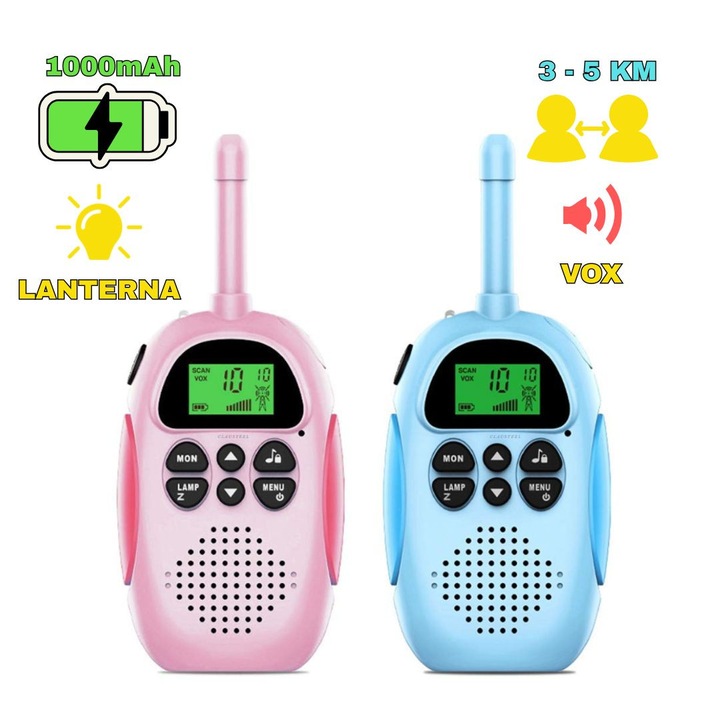 Set 2 statii Walkie Talkie CLAUSTEEL, Acumulator 1000mAh, Incarcare USB, Antena si Lanterna, Raza de Actiune 3-5 km, Functia VOX, 22 de canale, Afisaj LCD, Plastic, Ideal pentru copii cu varsta +3 ani