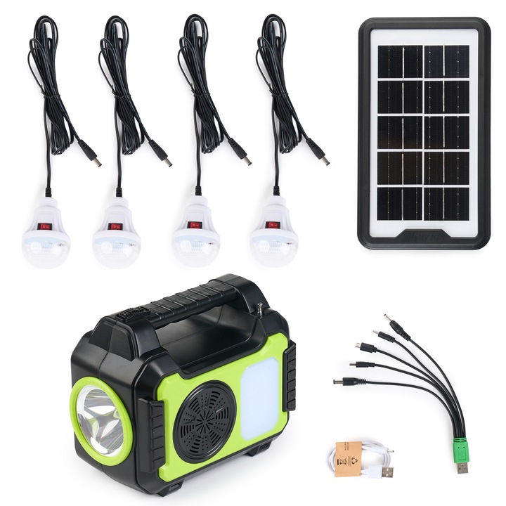 Kit Solar cu Lanterna si 4 Becuri Led GD-8072, Baterie 10000mAH, Radio incorporat