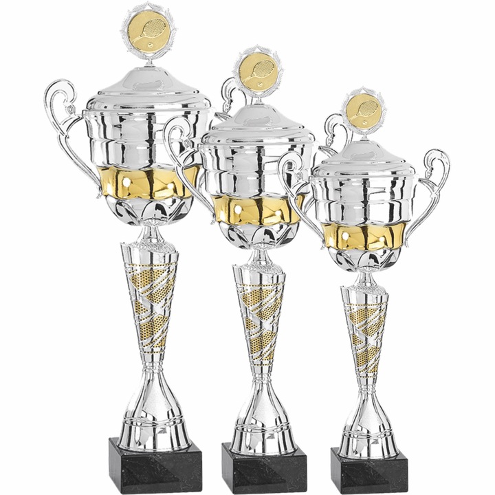 Set 3 Cupe Tenis de Camp cu Capac, Metal, Plastic, Marmura, 59,53,49 cm