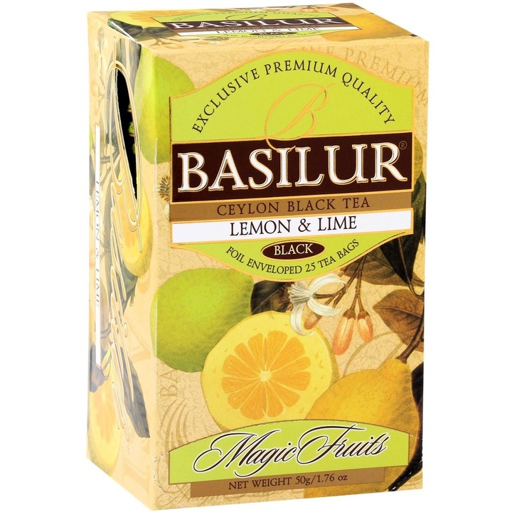 Ceai negru ceylon Lemon & Lime cu mere, fara aditivi, "colectia Magic Fruits", 25plicuri x 2gr, Basilur Tea