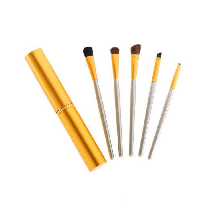 Set mini pensule de machiaj de calatorie, import, Aluminiu/Sintetic, 5 bucati, Auriu/Gri