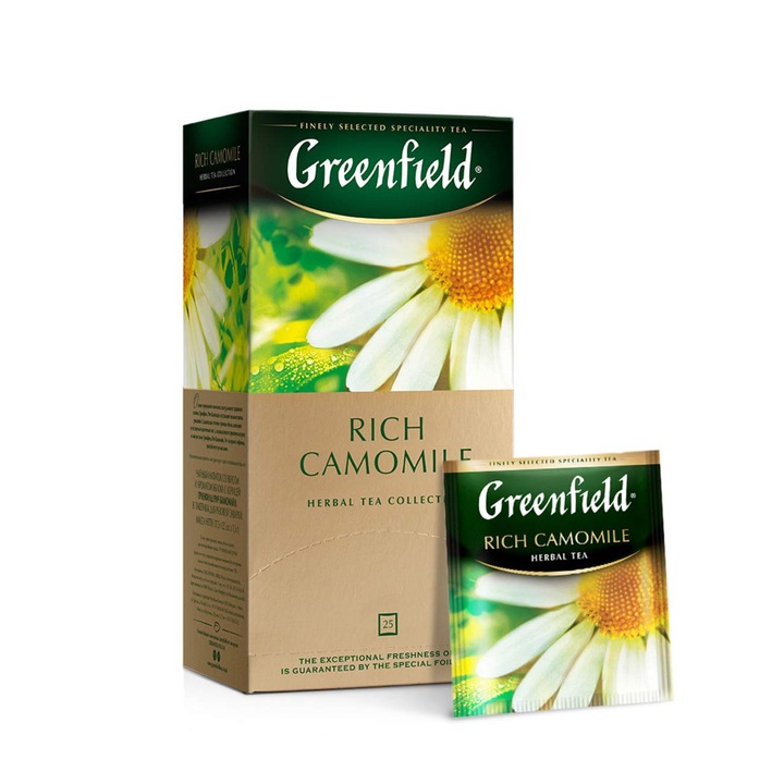Ceai de plante Greenfield Rich Camomile, 25 pliculete x 2 g, musetel salbatic, mere uscate, scortisoara