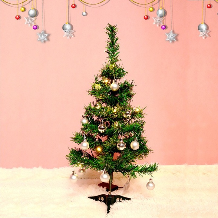 Brad Artificial Impodobit, 60 cm, suport plastic cu instalatie luminoasa 20 LED alb cald + 20 globuri argintii incluse, Leski