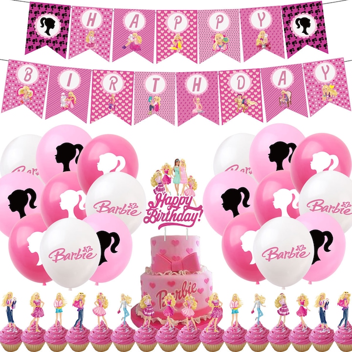 Комплект 24 балона Barbie Barbieland, За детски рожден ден, Латекс, 1 банер Happy Birthday, 16 топера за кексчета, 1 топер за торта, Розов/Светлорозов/Бял