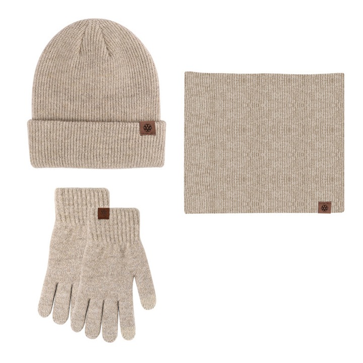 Set caciula, esarfa cu manusi, Tricot, Bej