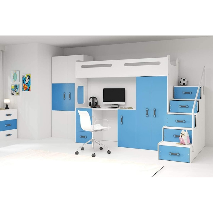 Mobilier camera copii cu pat supraetajat LovelyCouture MAX 4 200x80x9cm cu saltea inclusa, dulap si birou, Blue