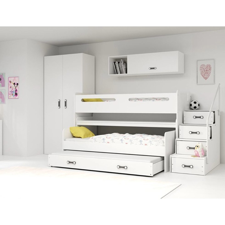 Mobilier camera copii cu pat supraetajat LovelyCouture cu birou MAX 5 pentru trei copii 200x120x9cm, 200x80x9cm, 190x80x9cm, saltele incluse, Alb