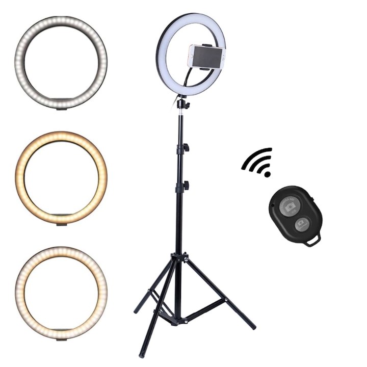 Ring Light Teno® Circular Lamp, Диаметър 45 см/18 инча, 3 светлинни режима, 10 стъпки за настройка, включено дистанционно управление и статив 210 см, тройна поставка за телефон, универсална съвместимост, бяла