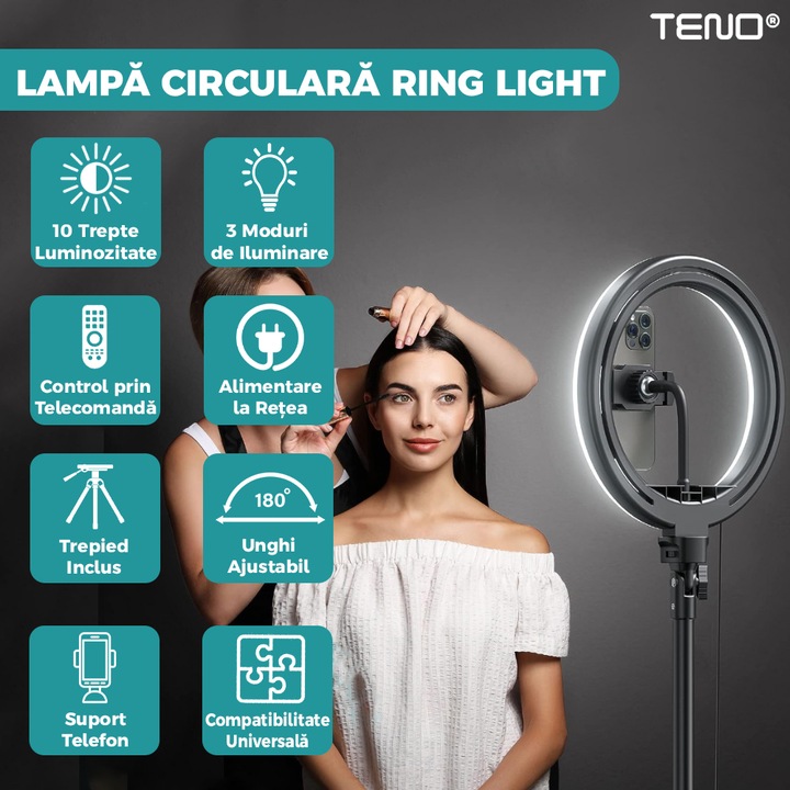 Gyűrűs Teno® kör alakú lámpa, átmérő 26 cm/10 hüvelyk, 3 fénymód, 10 beállítási lépés, távirányító és 210 cm-es állvány, univerzális kompatibilitás, fehér