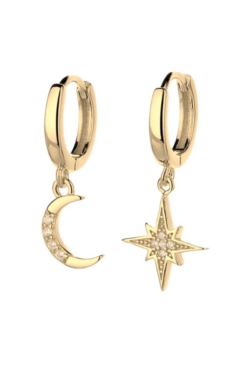 Cercei rotunzi din argint 925 Half Moon aurii cu pandantive in forma de semiluna si stea atasate