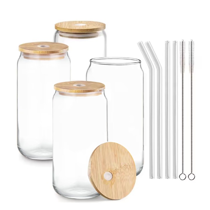 4 db-os pohár készlet, Üveg/Bambusz, Tartozékokkal, 500ml, Tanspratent/Barna