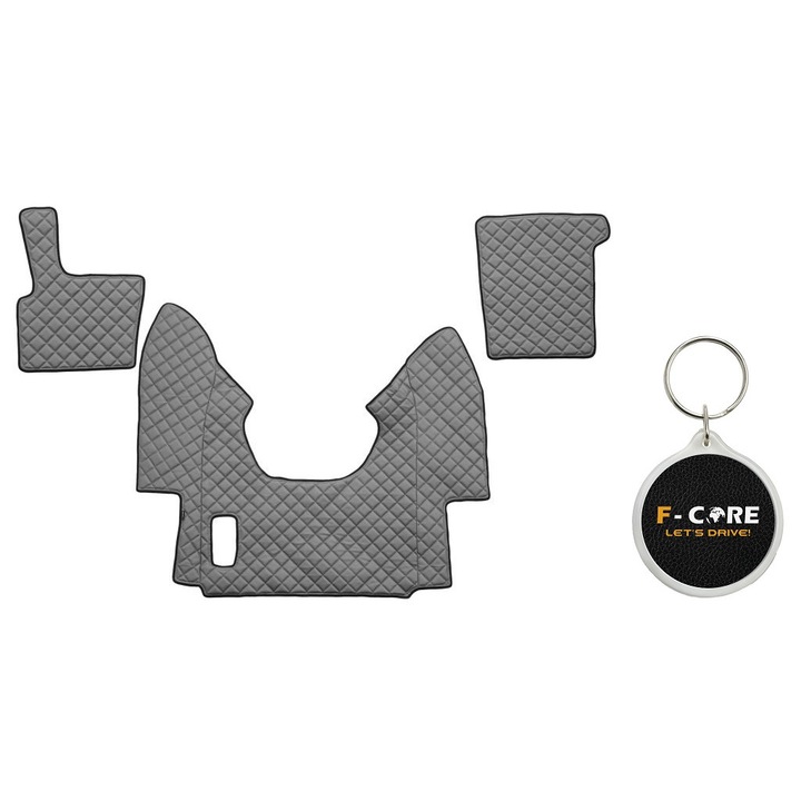 Set de Covorase Compartiment Picioare dn Piele Matlasata, F-Core, pentru DAF 95 XF, XF 95 01/1997-12/2006, Transmisie Automata, Gri, 3 bucati cu Breloc F-CORE