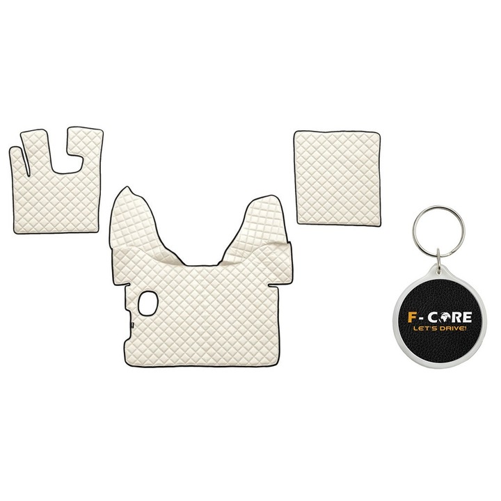 Set de Covorase Compartiment Picioare din Piele Matlasata, F-Core, pentru DAF XF 105, XF 106 10/2005-, Bej, 3 bucati cu Breloc F-CORE