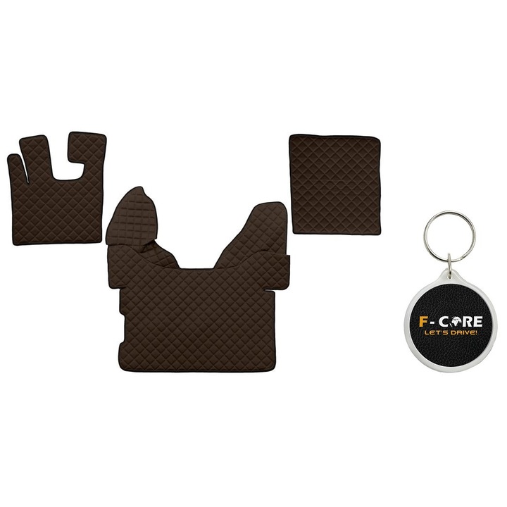 Set de Covorase Compartiment Picioare dn Piele Matlasata, F-Core, pentru DAF XF 105, XF 106 10/2005-, Transmisie Automata, Maro, 3 bucati cu Breloc F-CORE