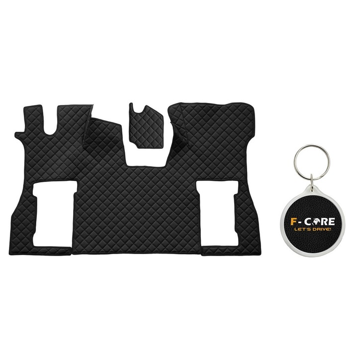 Set de Covorase Compartiment Picioare dn Piele Matlasata, F-Core, pentru SCANIA L, P, G, R, S 09/2016-, Scaun Pneumatic pentru Pasageri, Negru, 2 bucati cu Breloc F-CORE