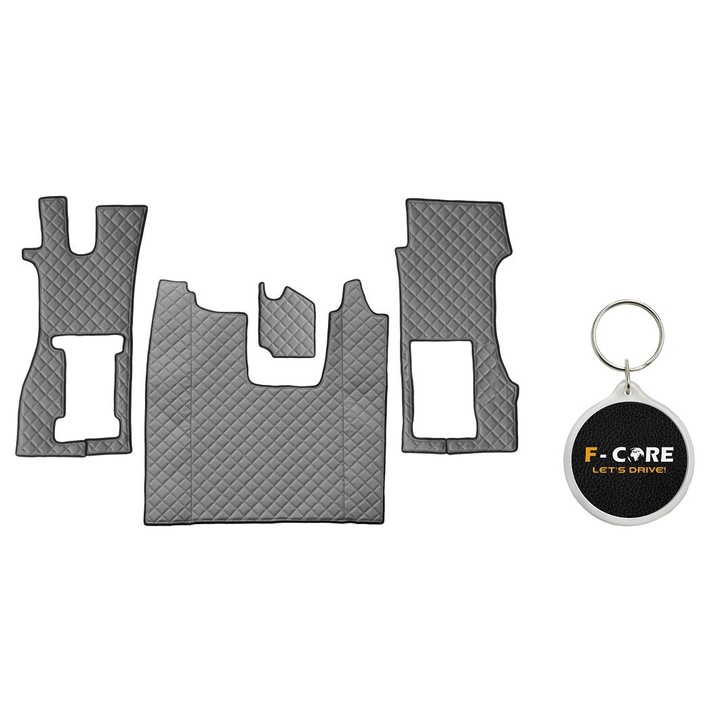 Set de Covorase Compartiment Picioare dn Piele Matlasata, F-Core, pentru SCANIA L, P, G, R, S 09/2016-, Scaun Pneumatic pentru Pasageri, Gri, 3 bucati cu Breloc F-CORE