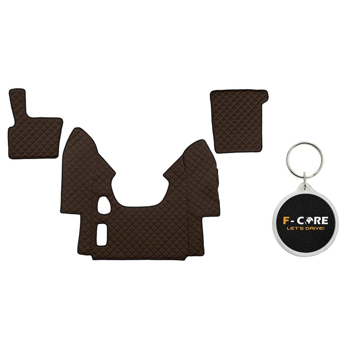 Set de Covorase Compartiment Picioare dn Piele Matlasata, F-Core, pentru DAF 95 XF, XF 95 01/1997-12/2006, Transmisie Manuala, Maro, 3 bucati cu Breloc F-CORE