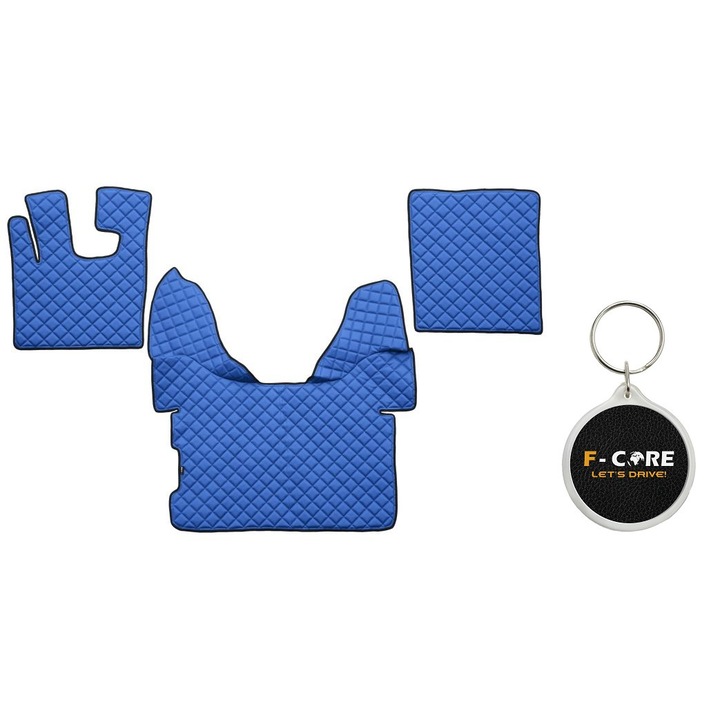 Set de Covorase Compartiment Picioare dn Piele Matlasata, F-Core, pentru DAF XF 105, XF 106 10/2005-, Transmisie Automata, Albastru, 3 bucati cu Breloc F-CORE