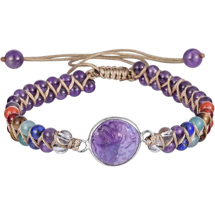 Állítható karkötő 4 mm-es féldrágakő gyöngyökkel a 7 csakrához és ametiszt életfához, kézzel készített