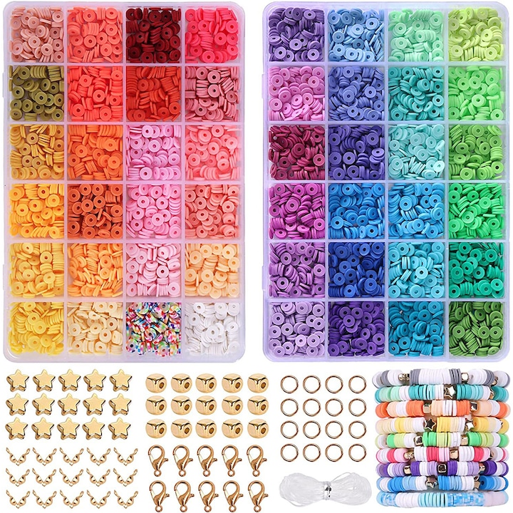 Комплект глинени мъниста от 7200 части, BOMSTOM, 24 цвята, за изработка на гривни, плоски кръгли полимерни мъниста, изработка на бижута, многоцветни