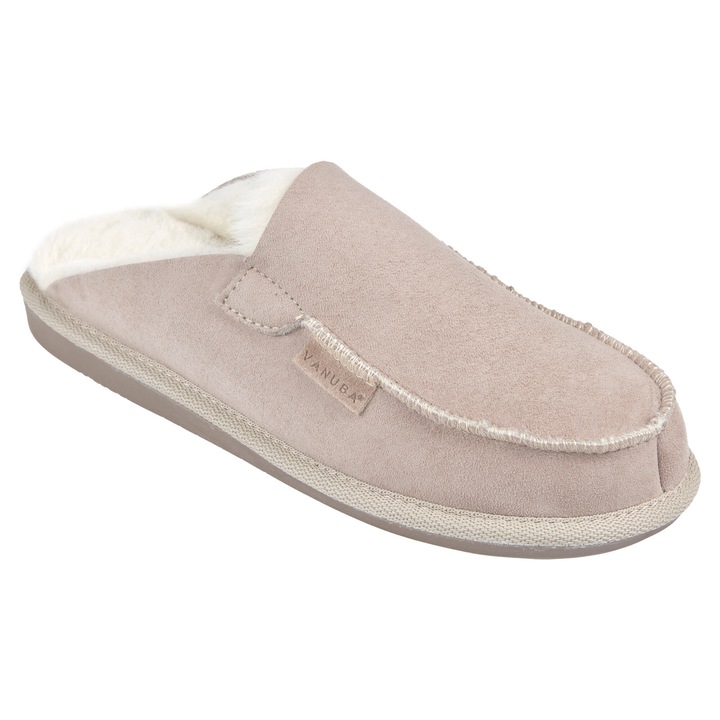 Papuci de dama, Piele naturala, Captuseala din lana de oaie, Model Awassi, Vanuba, Bej deschis, 37