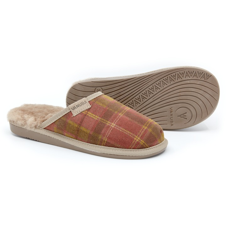 Papuci de dama, Piele naturala, Captuseala din lana de oaie, Model Newcastle, Vanuba, Rosu/Bej, 41