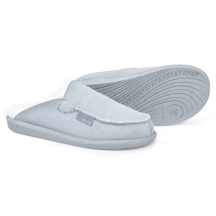 Papuci de dama, Piele naturala, Captuseala din lana de oaie, Model Awassi, Vanuba, Alb/Gri deschis, 37