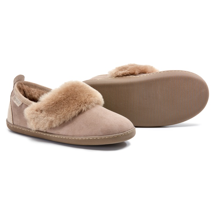 Pantofi de casa, Piele naturala, Captuseala din lana de oaie, Talpa din termocauciuc, Model Cormo, Vanuba, Bej, 39 EU