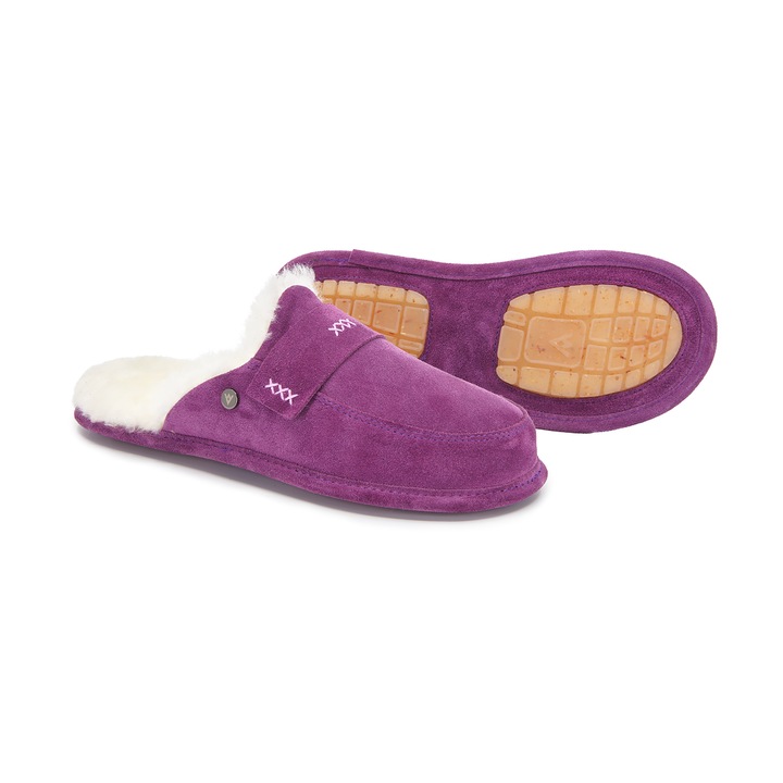 Papuci de casa slip-on, Incaltaminte de casa, Cusaturi decorative, Talpa plata, Cu profil antiderapant, Piele naturala, Captuseala din lana de oaie, Model Abby, Alb/Violet, 42