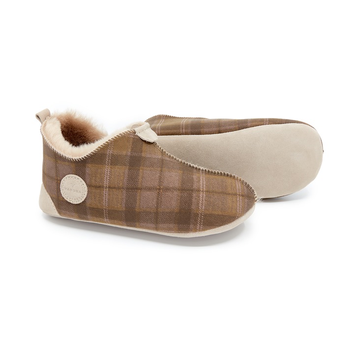 Papuci de casa inchisi, Piele naturala, Captuseala din lana de oaie, Suede natural, In carouri, Model Oxford, Vanuba, Bej, 39