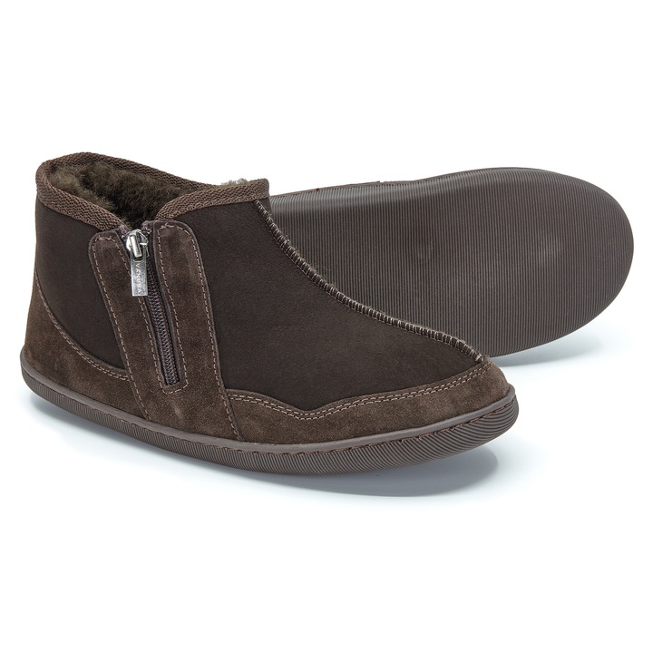 Papuci de casa inchisi, Piele naturala, Captuseala din lana de oaie, Cu fermoar, Model Idaho, Vanuba, Maro, 39