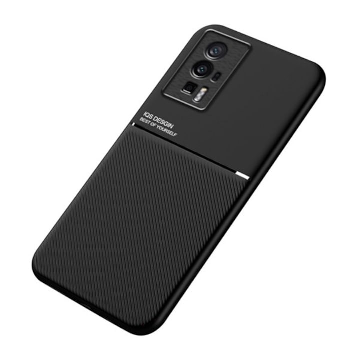 Xiaomi Poco F5 Pro Gigapack műanyag telefonvédő (szilikon keret, ütésállóság, mágneses, bőr hatású hátlap, csíkos) fekete, gigapack csomagolás
