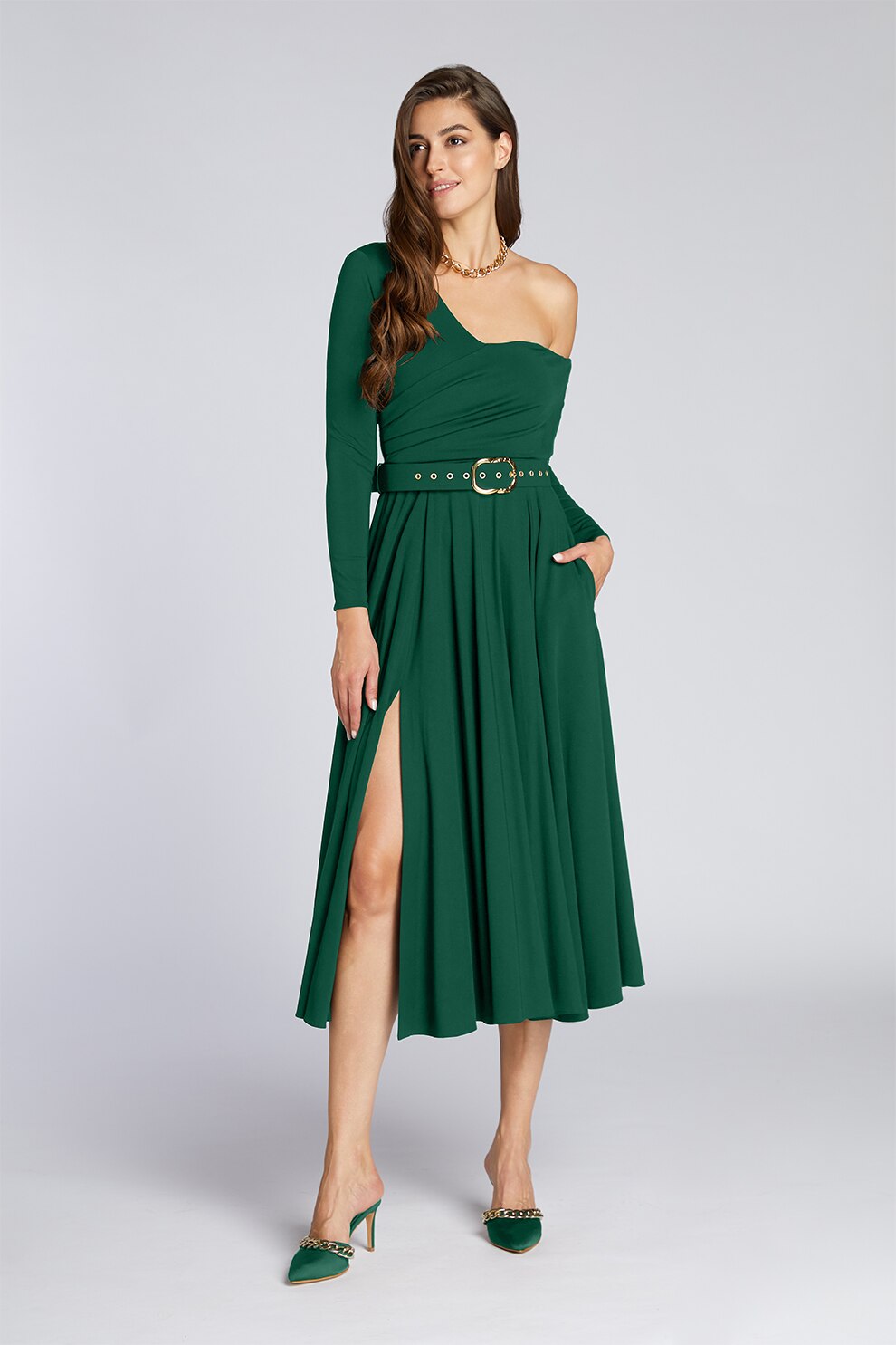 Alina Cernatescu, Rochie cu decolteu pe un umar si slit lateral, Verde salvie, M