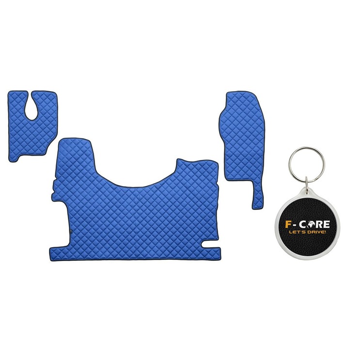 Set de Covorase Compartiment Picioare dn Piele Matlasata, F-Core, pentru MERCEDES ACTROS MP2 / MP3 06/2008-, Scaun Fix pentru Pasager, Tunel Inalt, Albastru, 3 bucati cu Breloc F-CORE