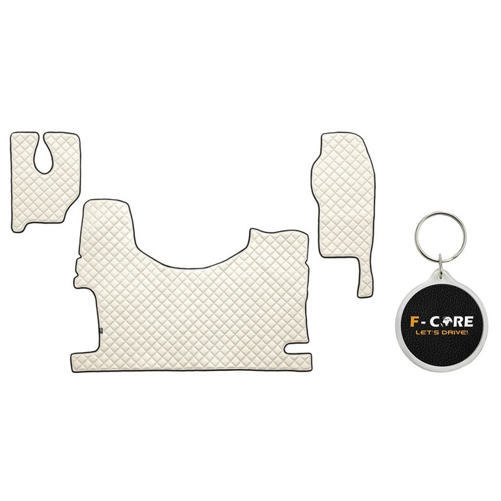 Set de Covorase Compartiment Picioare dn Piele Matlasata, F-Core, pentru MERCEDES ACTROS MP2 / MP3 06/2008-, Scaun Fix pentru Pasager, Tunel Inalt, Bej, 3 bucati cu Breloc F-CORE