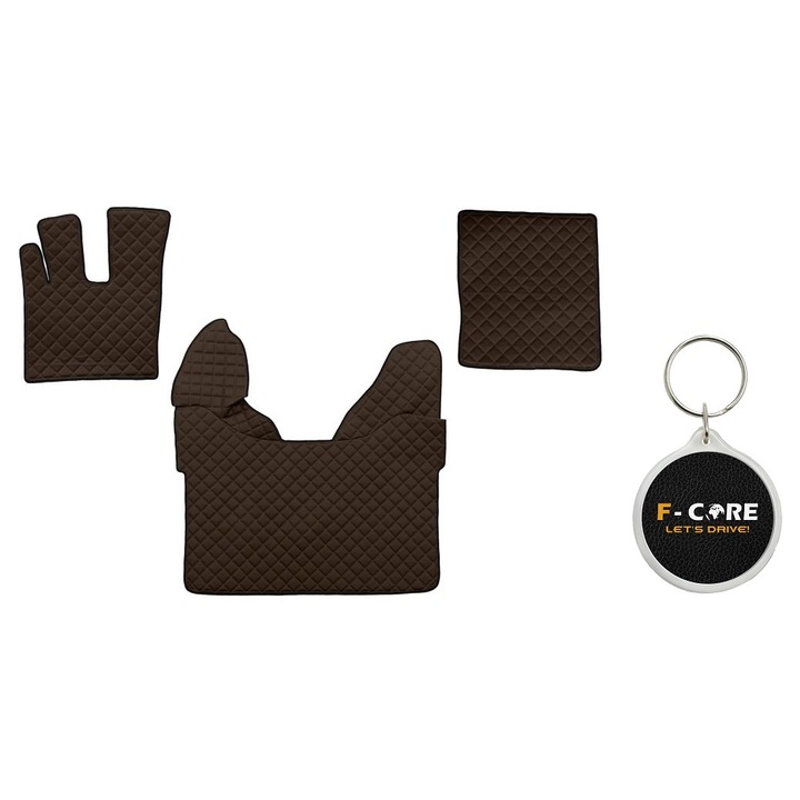 Set de Covorase Compartiment Picioare dn Piele Matlasata, F-Core, pentru DAF XF 105, XF 106 10/2012-, Transmisie Automata, Maro, 3 bucati cu Breloc F-CORE