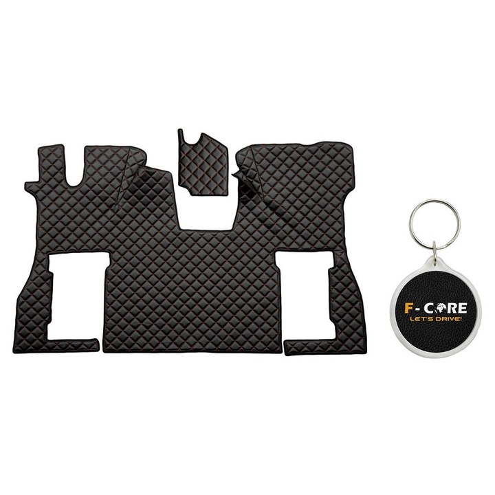 Set de Covorase Compartiment Picioare dn Piele Matlasata, F-Core, pentru SCANIA L, P, G, R, S 09/2016-, Scaun Pneumatic pentru Pasageri, Negru cu Fir Rosu, 2 bucati cu Breloc F-CORE