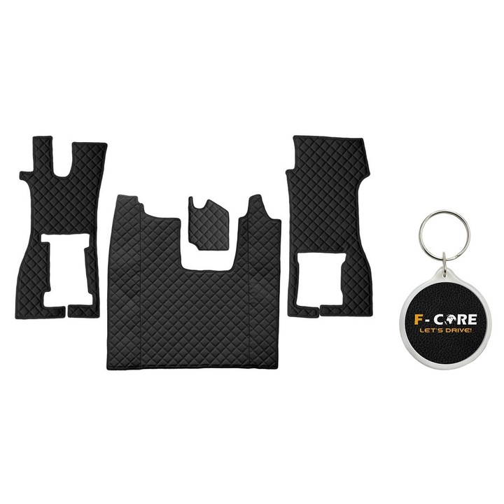 Set de Covorase Compartiment Picioare dn Piele Matlasata, F-Core, pentru SCANIA L, P, G, R, S 09/2016-, Scaun Pasager Convertibil, Negru, 4 bucati cu Breloc F-CORE