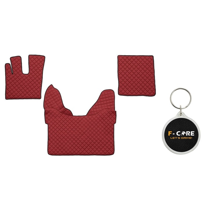 Set de Covorase Compartiment Picioare dn Piele Matlasata, F-Core, pentru DAF XF 105, XF 106 10/2012-, Transmisie Automata, Rosu, 3 bucati cu Breloc F-CORE