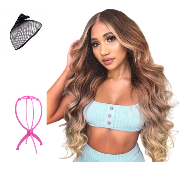 Peruca dama, Par sintetic, 63 cm, Cu accesorii, Maro/Blond