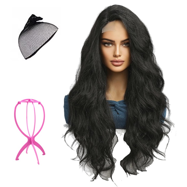 Peruca dama, Par sintetic, 65cm, Cu accesorii, Negru