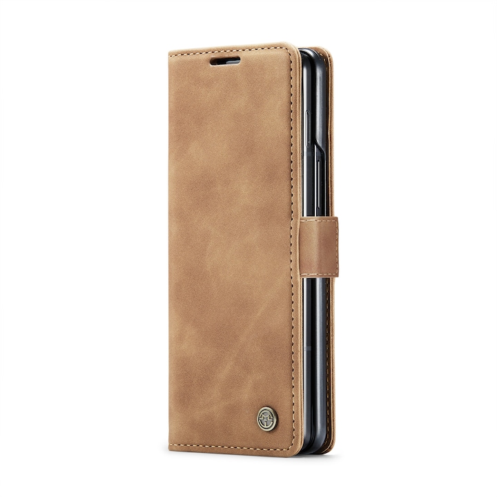 Husa pentru Samsung Galaxy Z Fold5, piele textura catifelata, tip portofel, stand, inchidere magnetica, CaseMe, culoare Maro