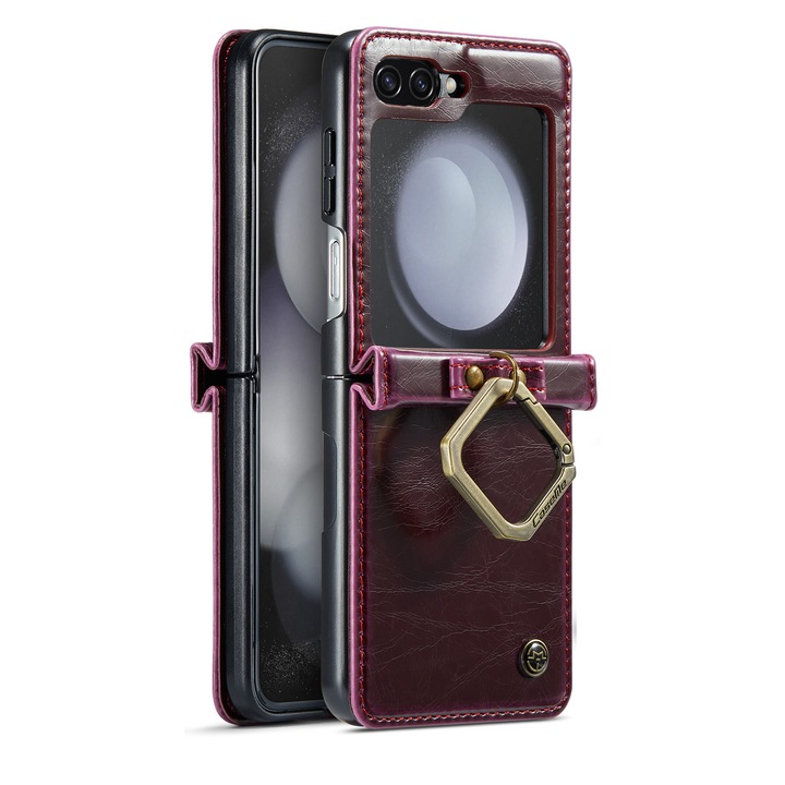 Калъф за Samsung Galaxy Z Flip5, CaseMe, фина кожа, тип рамка, пълна защита, с халка и сваляща се каишка за ръка, бордо